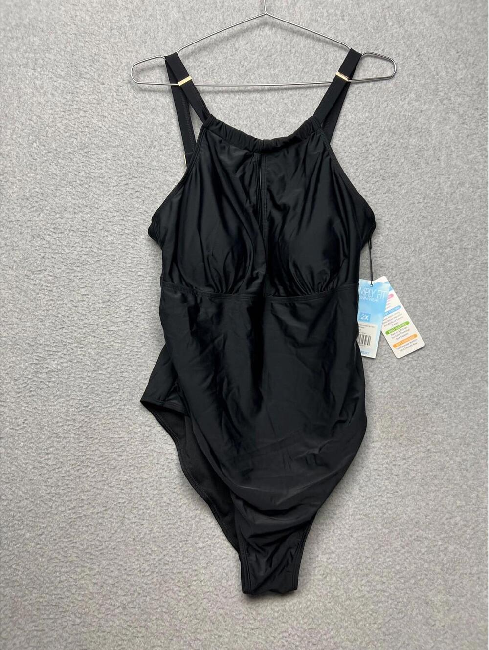 Simply Fit Sliming Swimwear High Neck Ruched One Piece Swimsuit Plus 2X Black